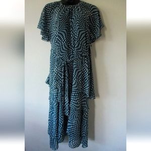 NWT Scoop Tie Waist Midi Dress Ruffle Sleeves, XL (16-18), Teal Blue/Gre…